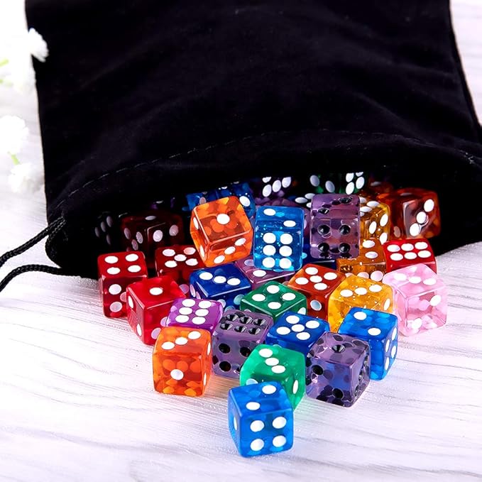 AUSTOR 100 Pieces Dice 12mm Game Dice Set 6 Sided Dice Translucent Colors Square Corner Dices Set for Tenzi, Farkle, Yahtzee, Bunco or Teaching Math with a Velvet Drawstring Bag
