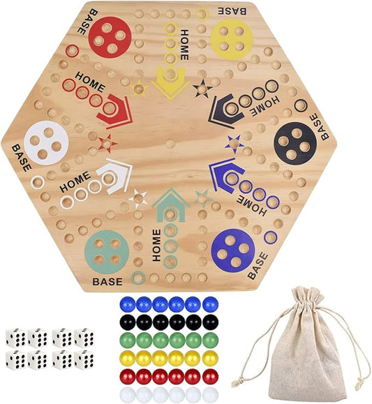 Original Marble Game Wahoo Board Game 24-Inch Double Side Painted Wooden Fast Track Board Game for 6 Player and 4 Player, 6 Colors 36 Glass Marbles 8 Dice for Family Game Night, Friends Party