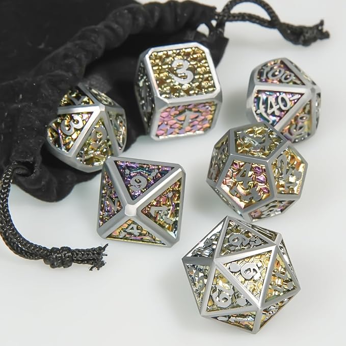 Metal DND Dice Set,Colorful Dragon Scales DND Dice 7-pcs Metal Polyhedral Dice Set for Dungeons and Dragons RPG MTG Table Games(Dazzling Color)
