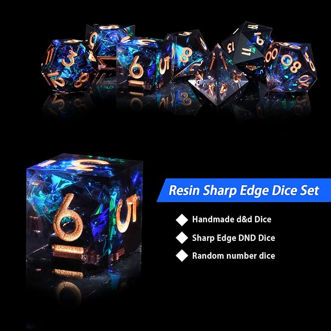 DND Dice Set Resin Sharp Edge Dice Set Handmade 7pcs Polyhedral Dice Set DND RPG MTG Role Playing Game Dice Set D&D Dice with Gift Case for DND Dungeons and Dragon (Light-Black)
