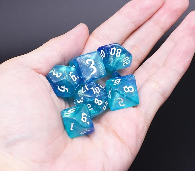 DND Dice Set with Dragon Totem Metal Gife Case, Dungeons and Dragons Dice Set,Polyhedral Dice Set Filled with Shiny Glitters,Role Playing Games and Tabletop Games (Blue&Green)