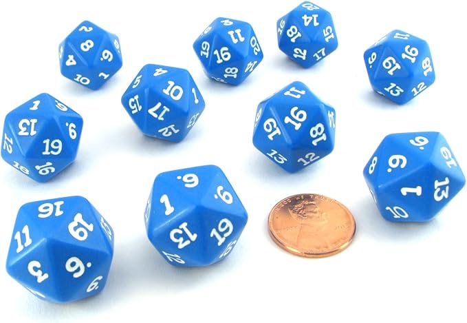Koplow Games Set of 10 Twenty Sided 19mm D20 Opaque RPG Dice - Blue with White Numbers Die