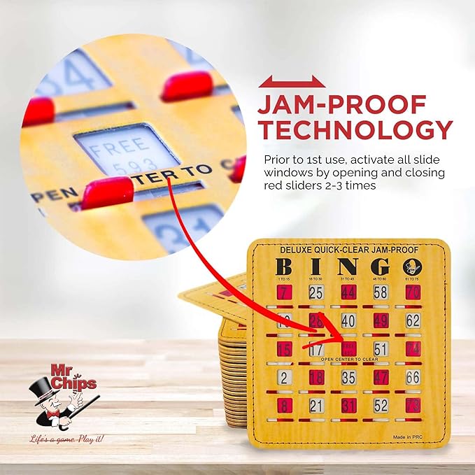 MR CHIPS Jam-Proof Quick-Clear Deluxe Fingertip Slide Bingo Cards with Sliding Windows 10 Pack in Woodgrain Style