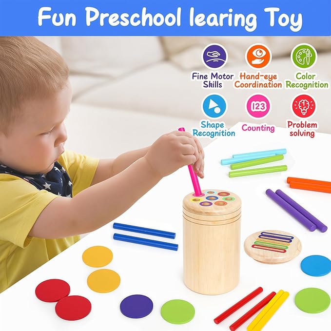 Wooden Sorting Toy Montessori Color & Shape Sorter Class Activity Toddlers Fine Motor Game for Colors and Shapes Recognition, Birthday New Year Valentine's Gifts for 2-5 Year Old Boys and Girls
