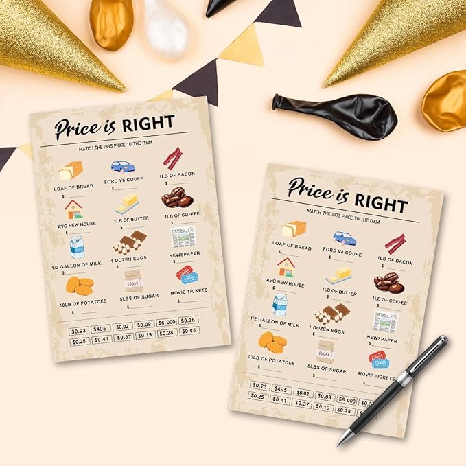 QUPT 90th Birthday Party Games, Price is Right Games, Birthday Party Supplies for Adults, Fun 1935s Party Game，Pack of 30 Cards