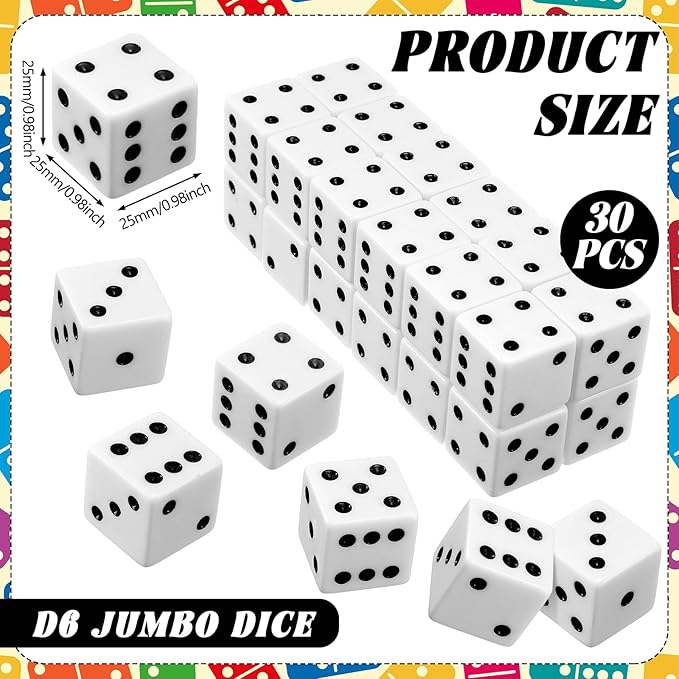 Poen 30 Pcs Standard Dice 25 mm Casino Theme Party Dice Large Opaque Jumbo Acrylic D6 Bulk Sifter for Casino Theme Party Board Vegas Birthday Supply(White)