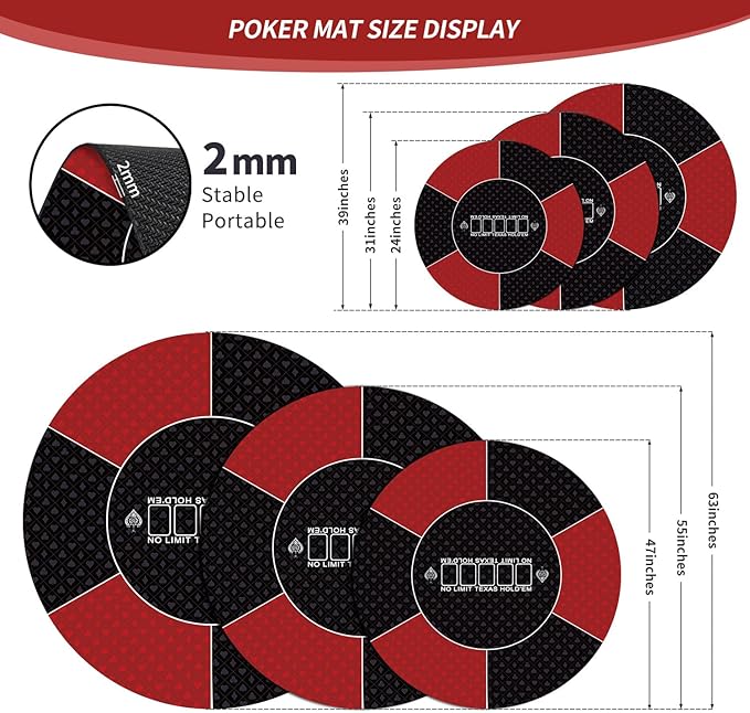 nuveti 24/31/47/55/63inch Round Poker Mat for Texas Holdem | Portable Poker Table Top with Art Deco Layout Print 6-8 Player Game Layout Mat to Play Cards, Poker Games, Blackjack, Casino