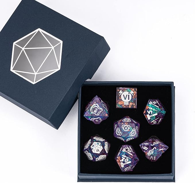 Cusdie Sharp Edges DND Dice, 7 PCs D&D Dice, Handcrafted Polyhedral Dice Set, for Role Playing Game Pathfinder(Purple/Roman Numerals)