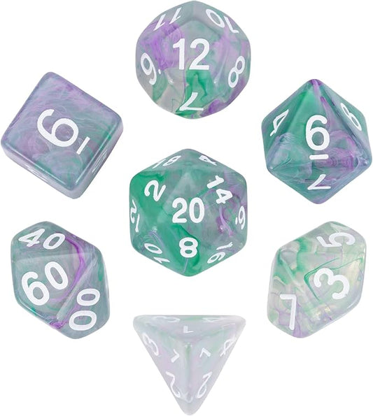 7-Die DND Dice Set Polyhedral Dice Set with a Leather Dice Bag, D&D Dice Set for Dungeons and Dragons, RPG Table Games (Transparent Green Mix Purple)