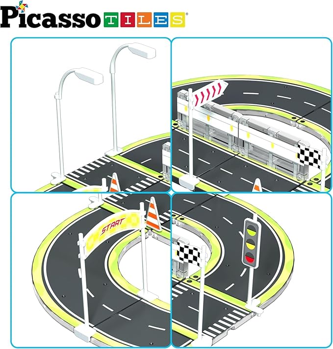 PicassoTiles Magnet Tile Building Block Construction Toy Set Street Sign Traffic Kit Highway Road Race Track with Bumper Barricade Accessory Sticker Education Magnetic Tiles Kids Age 3+ PTR03