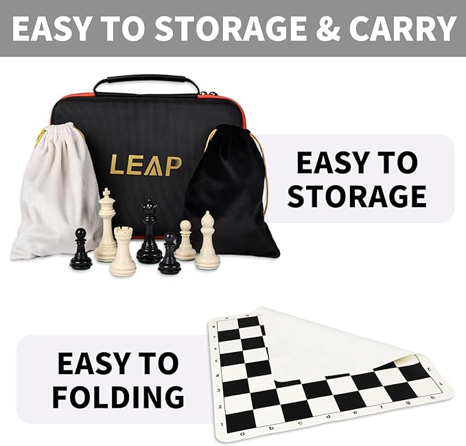 Tournament Chess Set/ 20''x20'' Foldable Silicone Chess Board / 3.75'' King Height Plastic Quadruple Weighted Classic Staunton Pieces/Storage Bag for Beginner Adult