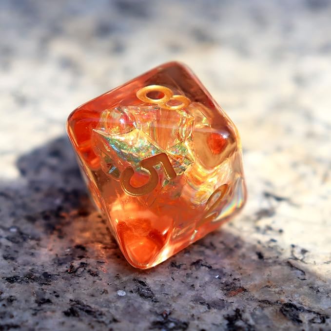 Haxtec Orange DND Dice Set RPG Fall Filled Resin Polyhedral D&D Dragon Dice with Iridescent Mylar Inclusion for Roleplaying Games Dungeons and Dragons Gift