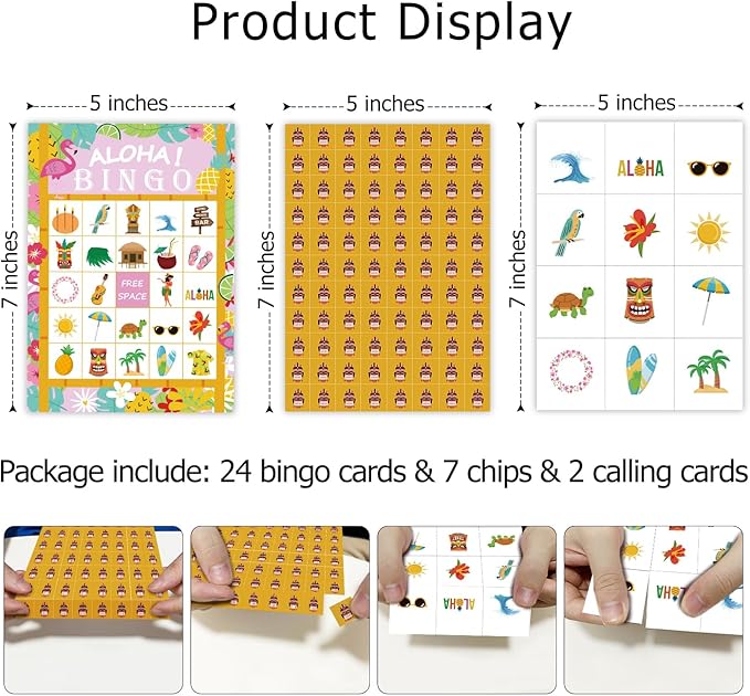 Ziyouza Hawaiian Luau Aloha Bingo Game Cards, 24 Players Bingo Games for Tropical Summer Theme Birthday Party Family Party Outdoor Activity -11