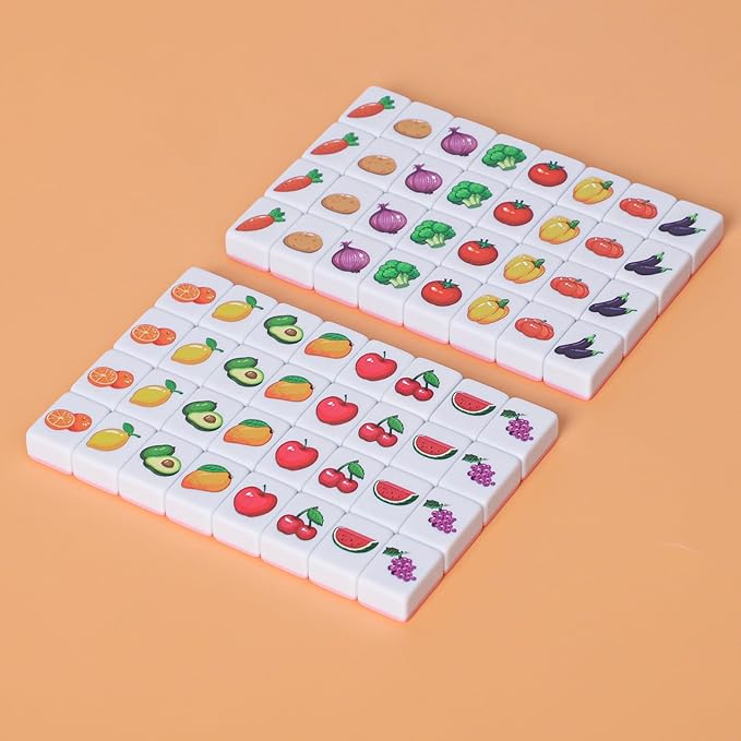 GRACIAS 4 Players Mahjong Block Set, 128 Pink Tiles(1.18”) with Animal and Food Pattern, Portable Mahjong Set with A Carry Bag, Mahjong Tile Game