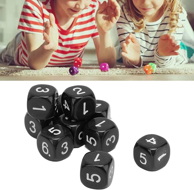 Number Dice, 20PCS Plastic 6 Sided Game Dice 16mm Round Corner Polyhedral Dice Set for Numeral Teaching Board Games (Black)