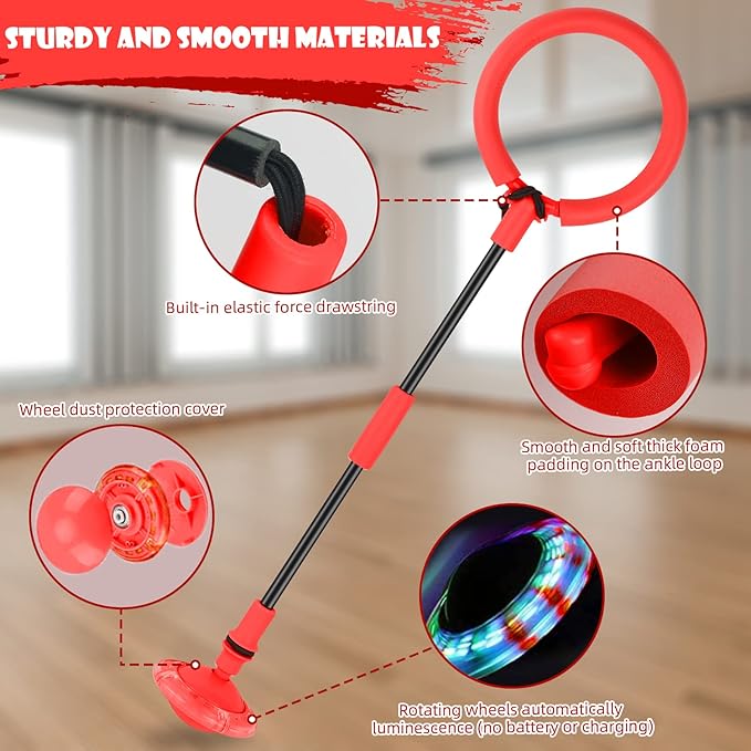 Ankle Skip Ball for Kids, Foldable Colorful Light Flash Wheel Skip Ball for Adults, Indoor Outdoor Game Toys for Kids Girls Boys, Gift for Girls, Boys Ages 5 6 7 8 9 10 11 12 Years Old- Red