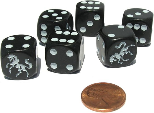 Set of 6 Unicorn 16mm D6 Round Edge Koplow Animal Dice - Black with White Pips