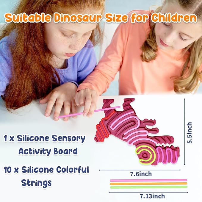 Dinosaur Sensory Activity Board for Kids, Double-Sided Silicone Fidgets Toys - Silent, No Mess, for Calming, Stress Anxiety, ADHD&Autism - Includes Portable Travel Bag & 10 Strings, Purple