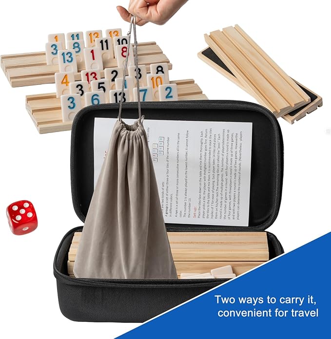 6 Players Rummy Cube Game with 6 Wooden Card Stands, 160 Colorful Rummy Cards, Exquisite Portable Box and Velvet Bag, Suitable for Family Gatherings and Travel Game Sets
