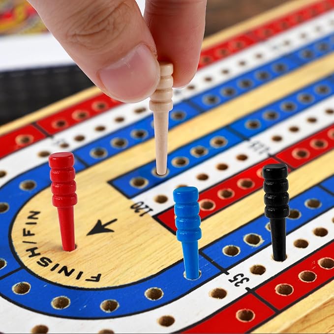 12pcs Cribbage Pegs, Wooden Cribbage Board Pegs Fit 1/8 Inch Holes Crib Pins Cribbage Accessories for Traditional Cribbage Board Game (Red, Black, Wood, Blue)
