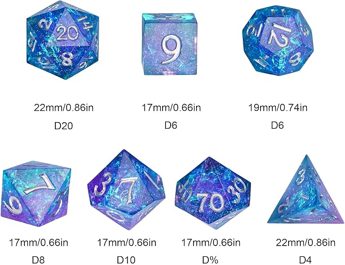 7PCS DND Dice Set,Handmade Sharp Edge Dice Set D&D RPG Polyhedral Die,for Dungeons and Dragons TTRPG Games Roleplaying Games Pathfinder,with Gift Box(Purple and Blue)