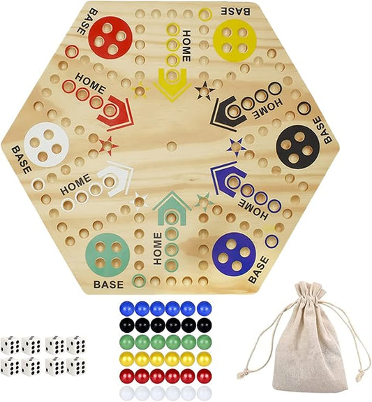 Original Marble Game Wahoo Board Game 16-Inch Double Side Painted Wooden Fast Track Board Game for 6 Player and 4 Player, 6 Colors 36 Glass Marbles 8 Dice for Family Game Night, Friends Party