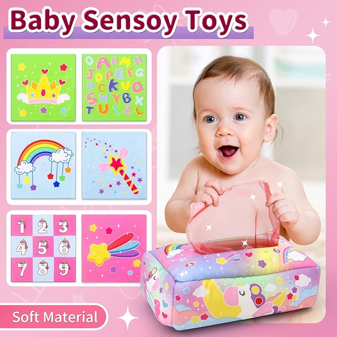 3 in1 Baby Toys 12 Months - Busy Board Sensory Toys, Tissue Box Toy, Pull String Teether, Learning Toy for Babies 12 18 Months, Baby Sensory Toys Gifts for 12 18 Months Old