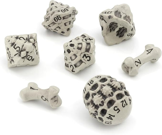 DND Dice Set - Set of 7 Polyhedral Skull & Bone RPG Dice - D20, D12,%D10, D10, D8, D6 & D4 Sided. Cool & Unique Gift for Dungeons & Dragons, Warhammer, D&D, Pathfinder, D and D Accessories. (White)