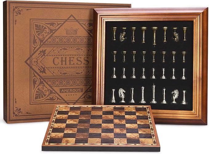 AMEROUS 14 inches Wooden Chess Set with Metal Chess Pieces / 2.5'' King/Storage for Chessmen/Gift Package/Instructions/Classic Board Game