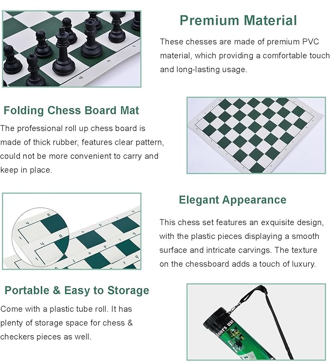 Ragyzity Portable Chess & Checkers Set, Regulation Tournament Roll-Up Staunton Chess Set with Plastic Tube Roll, 2 in 1 Travel Board Games for Adults, Folding Roll Up Chess Set Travel Chess Set(34cm)