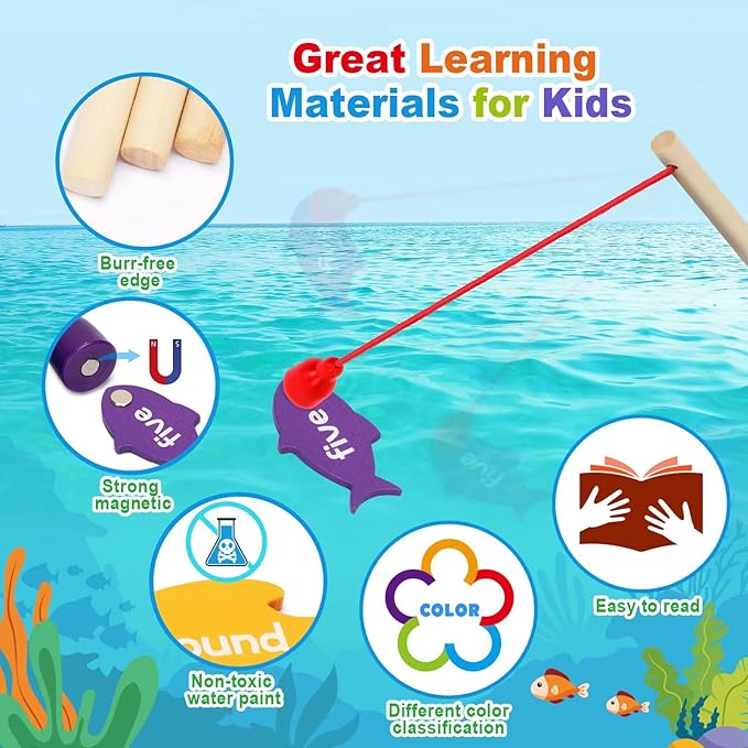 BAYSING Wooden Magnetic Sight Word Fishing Game for Toddlers, Alphabet Fish Catching Games Puzzle with Letters, Homeschool Sight Word Educational Toy for Age of 3,4,5,6 Year Old Kids, Boys & Girls