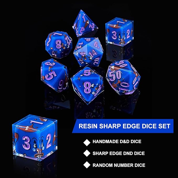 DND Dice Set Polyhedral, IDTQ Dungeons and Dragons Purple Dice Set RPG MTG Table Games 7-Die Resin Sharp with Acrylic Starlight Accent Box (Expression-Blue)