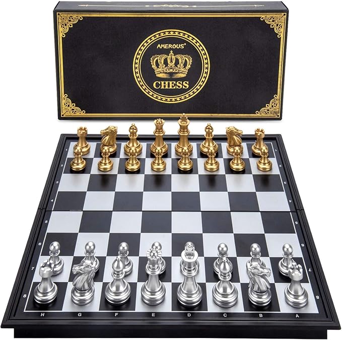 AMEROUS 10'' Magetic Travel Chess Set, Plastic Portable Folding Chess Board Game with Gold and Silver Chess Pieces - 2 Extra Queens - Chess for Beginner, Kids, Adults
