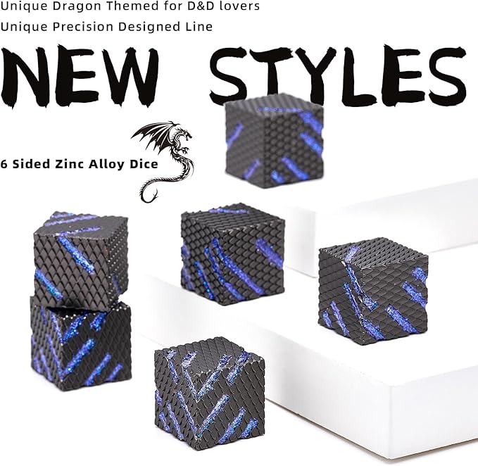 Metal Dice Set, Six Sided Dragon Scale Design Metal Game Dice for DND Dungeons and Dragons Role Playing Game RPG D&D Accessories Gift (Ls-Glitter Blue)