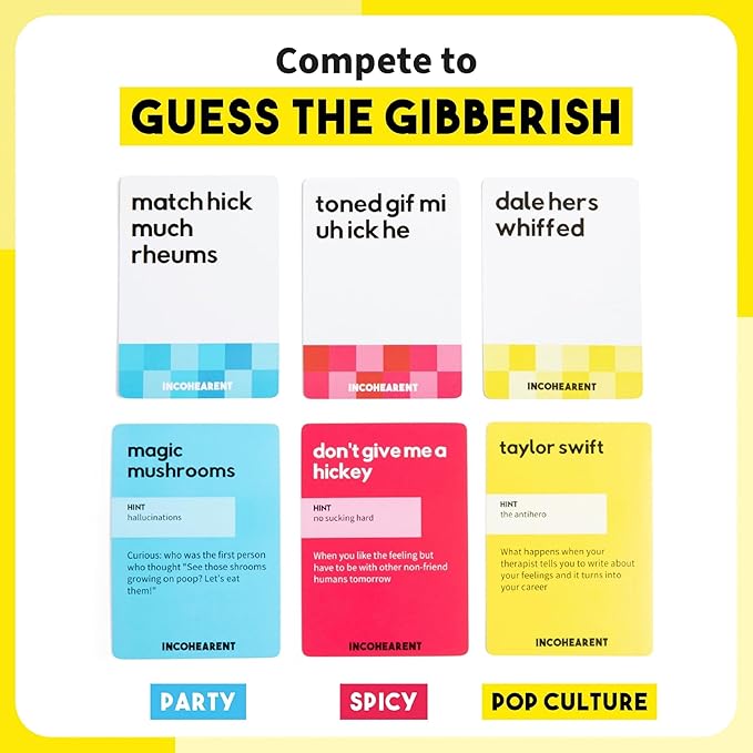 Incohearent, The Guess the Gibberish Party Game by Relatable, A Funny Card Game for Adults, Great for Bachelorette Party Games or Game Night Games, Includes 400 Cards, Instructions, and 1 Sand Timer