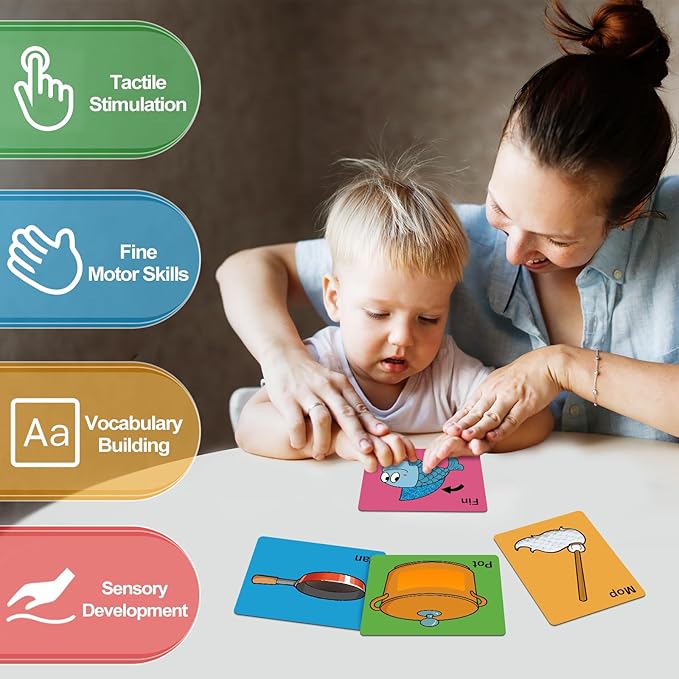 Touch & Feel Flash Cards for Toddlers 1-3,CVC Word Games,Tactile Sensory Toys for Babies Kids,Autism Sensory Products,Texture Sensory Play Mats,Speech Therapy,Learn Animals and Items