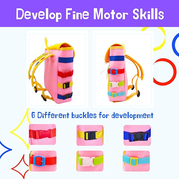 Busy Board Toddlers Travel Backpack - Learning Activities for Kids to Develop Fine Motor Skills and Basic Life Skills - Montessori Sensory Toys