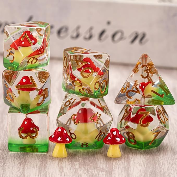 Mushroom Resin Dice Set,Polyhedral Dice Mushroom Inclusion Dice,RPG D&D Dice Set for Dungeons and Dragons MTG RPG Role Playing Games