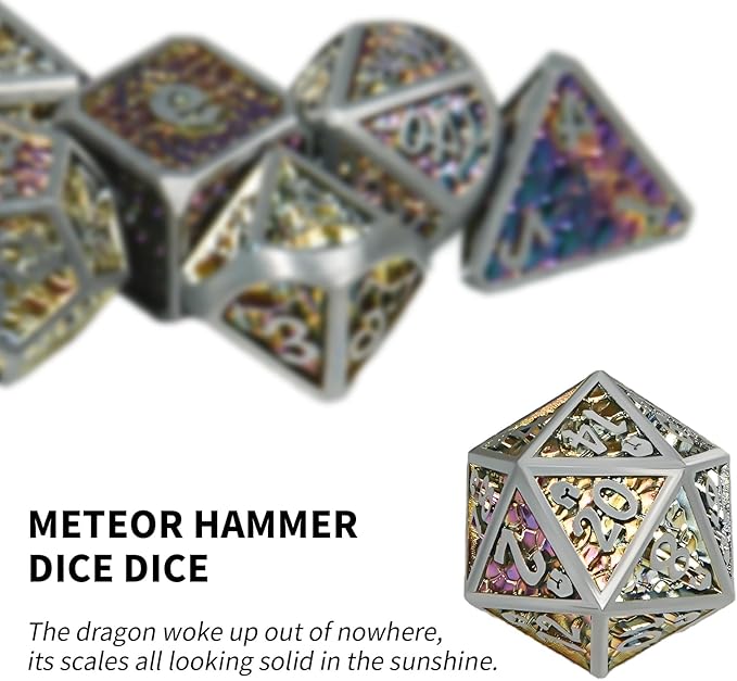 Metal DND Dice Set,Colorful Dragon Scales DND Dice 7-pcs Metal Polyhedral Dice Set for Dungeons and Dragons RPG MTG Table Games(Dazzling Color)