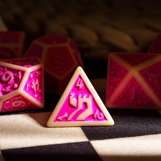 7-Die DND Dice Set New Pattern Polyhedral Dice Set with Leather Bag D&D Dice Set for Dungeons and Dragons RPG MTG Table Games(Yellow Pink)