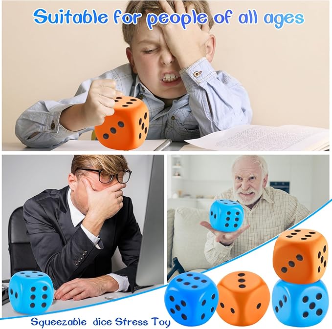 Zomiboo 2 Pcs Large Foam Dice Stress Balls Soft Jumbo 6 Sided Giant Dice Educational Learning Squeeze Anxiety Relieve Toy Gifts for Adults Kids Board Game Classroom(Blue, Orange,3.93 Inch)