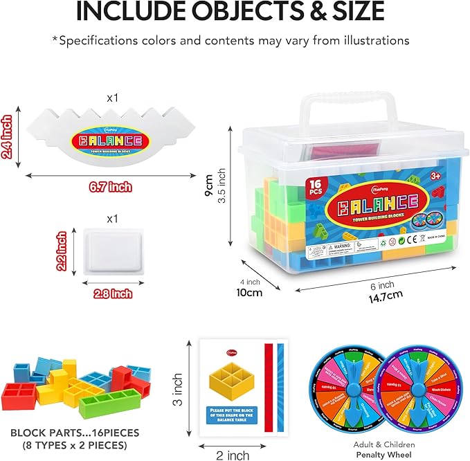 iYuePeng 16PCS Tetra Balance Tower Drop Game Fun Stacking Blocks with Storage Box & Wheel Spinner Balancing Interactive Board Games for Kids Age3+ Perfect for Family Game Night, Classroom