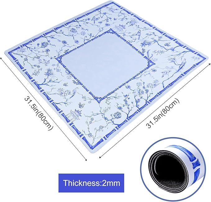 Large Blue Mahjong Mat (31.5” x 31.5”) with Black Carrying Bag, Anti-Slip, Noise-Reducing Table Cover for Mahjong, Poker, Board Games, Dominoes, and Card Games