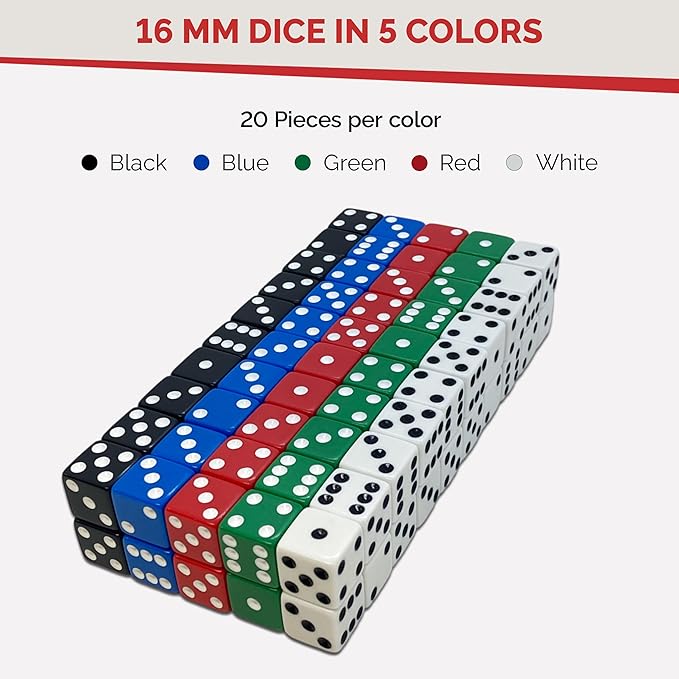 MR CHIPS D6 Standard 16 mm Opaque Dice with Pip Dots - 100 Pack - 5 Color Mix