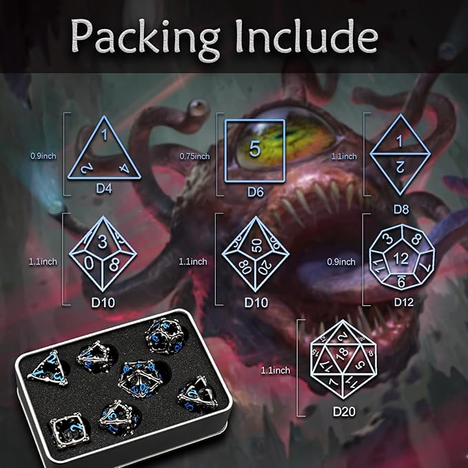 Beholder Dice Set DND, Dragon Eye Dice, ZHOORQI 7PC/Set Polyhedral Dices for Dungeons and Dragons, RPG, Eye Monster D&D Gifts（Eye-Blue Number）