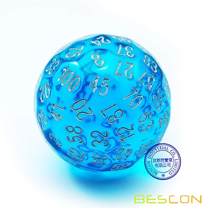 Bescon Translucent Blue Polyhedral Dice 100 Sides, D100 dice, 100 Sided Cube, Transparent D100 Game Dice