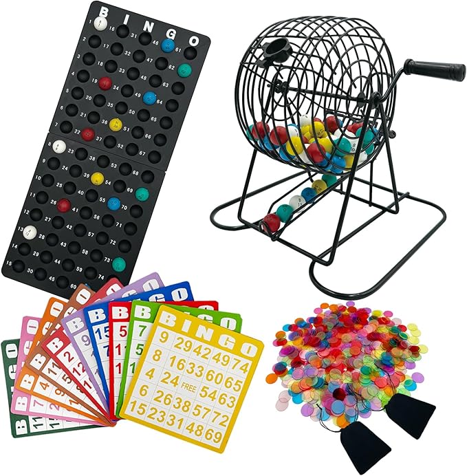 Deluxe Bingo Game Set,Bingo Set Includes Metal Cage,600 Mixed Color Plastic Chips,100 Large Cards,75 Bingo Balls,Plastic Masterboard, 2 Velvet Bag,Great for Adults Large Group and Parties