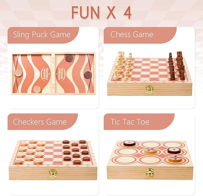 RM ROOMERS 4 in 1 Extra Large Fast Sling Puck Game, Chess and Checkers Set, Tic Tac Toe, Foldable Tabletop Wood Board Game for Kids and Adults,Interactive Toy Hockey Slingshot for Family Night Party