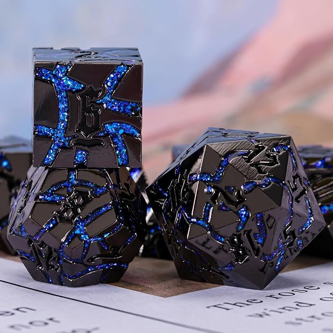 DND Crack Stripe Dice,Metallic Glitter Dice Set with Gift Box,Metal Polyhedral D&D Dice for Role Playing Game(Black Nickel Blue)