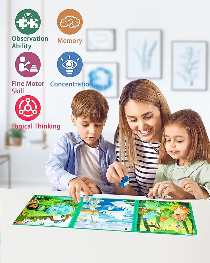 Magnetic Puzzles for Kids Ages 3-5, 3 in 1 Animal Magnet Jigsaw Puzzle Book for Toddlers, Car Airplane Road Trip Activities Toys for 3 4 5 6 Year Old Girls Birthday (Animal)